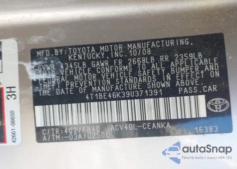 2009 Toyota Camry Le из США, поврежденный, VIN 4T1BE46K39U371391